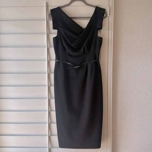 BLACK HALO ICONIC Black Jackie O Belted Sheath Dress 6 Gabardine Stretch - Picture 4 of 9